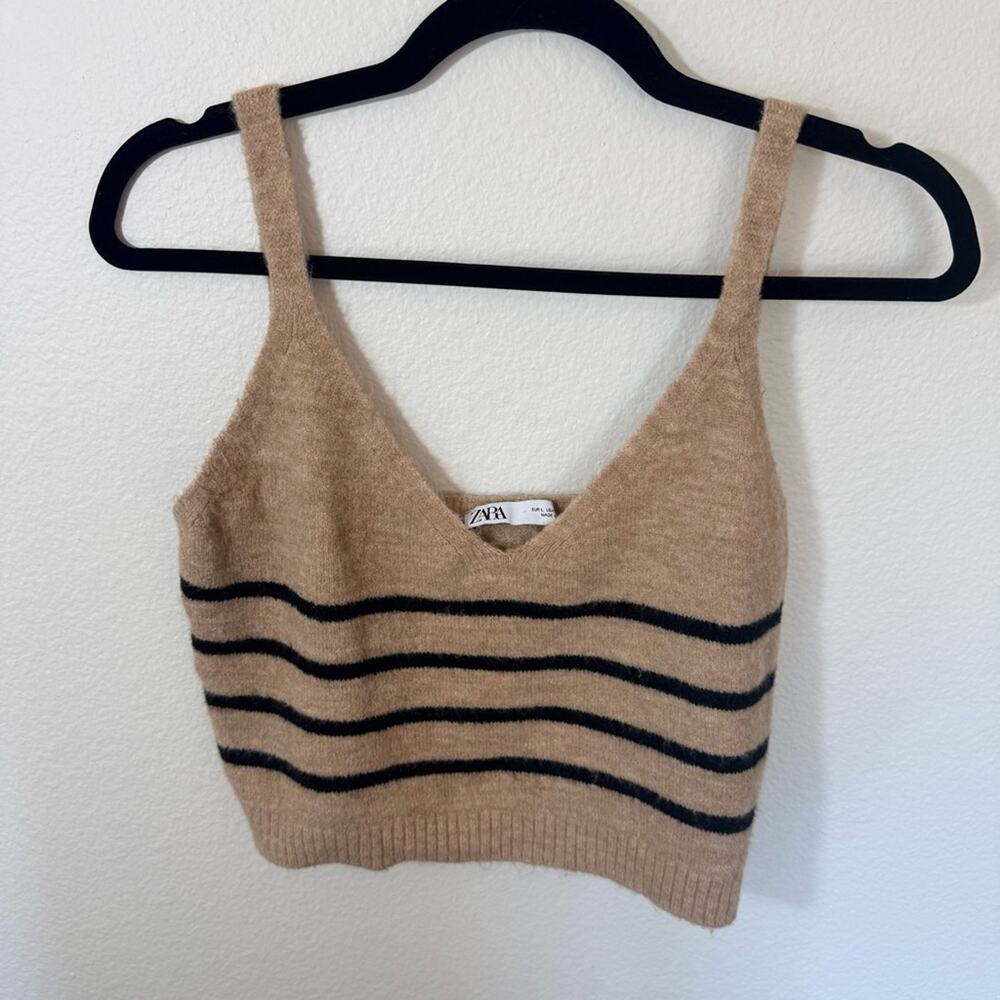 ZARA Tan and Black Striped Knit V-Neck Cropped Tank